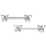 14G 9/16 Pink Faux Opal Lacy Butterfly Barbell Nipple Ring Set