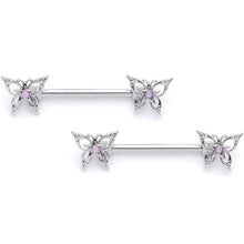 14G 9/16 Pink Faux Opal Lacy Butterfly Barbell Nipple Ring Set