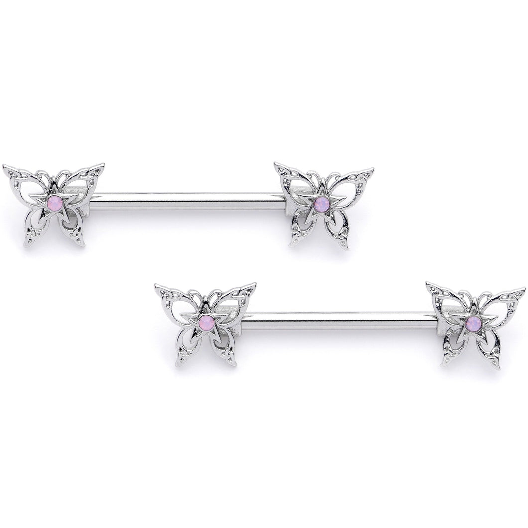 14G 9/16 Pink Faux Opal Lacy Butterfly Barbell Nipple Ring Set
