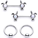 14G 9/16 1/2 White Faux Opal Bunny BCR Barbell Nipple Ring Set