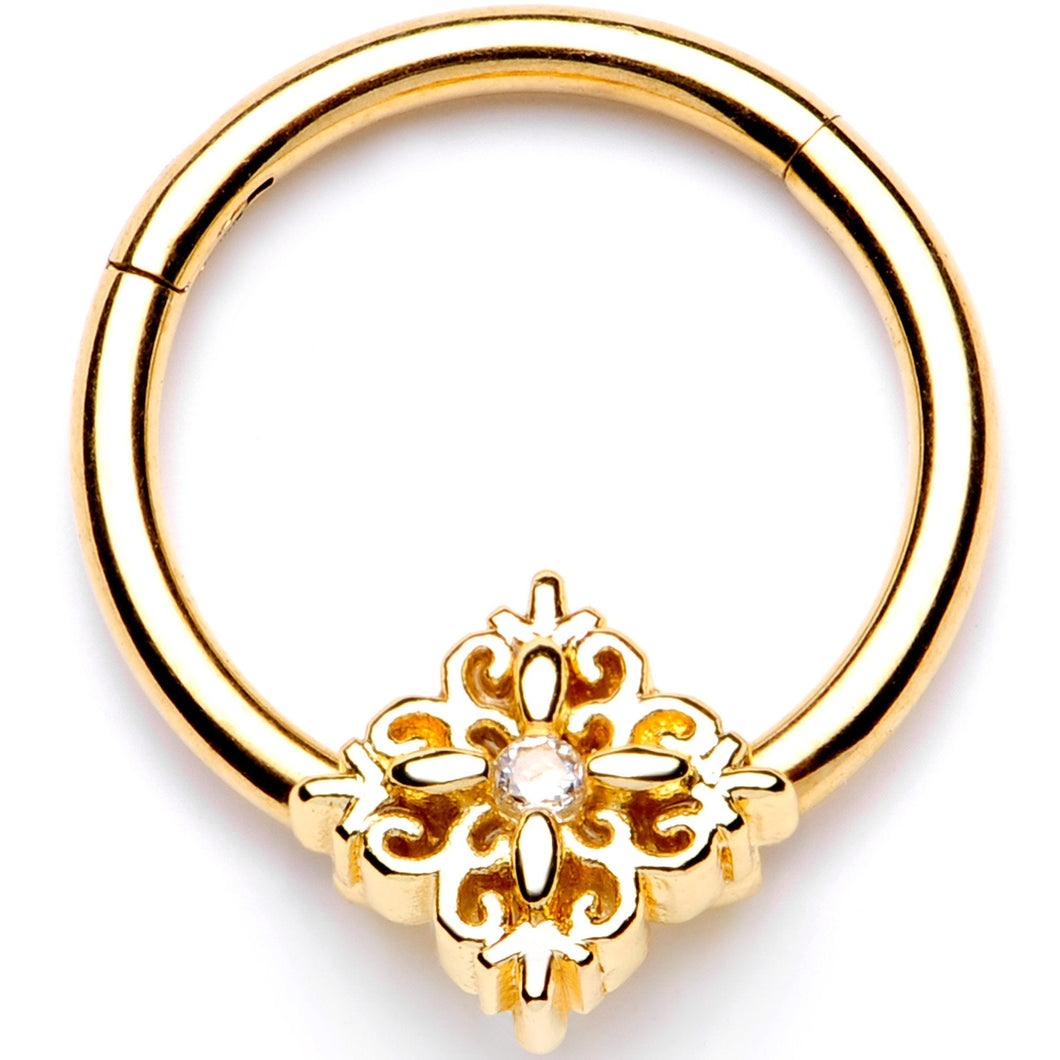 16G 3/8 Clear CZ Gold Tone Regal Rhombus Hinged Segment Ring
