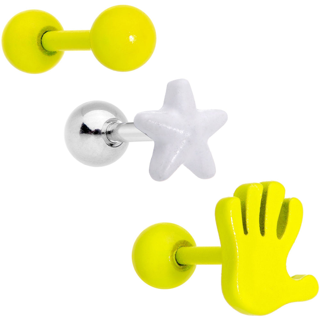 16G 1/4 Yellow White Glow Star Hand Cartilage Earring Set of 3