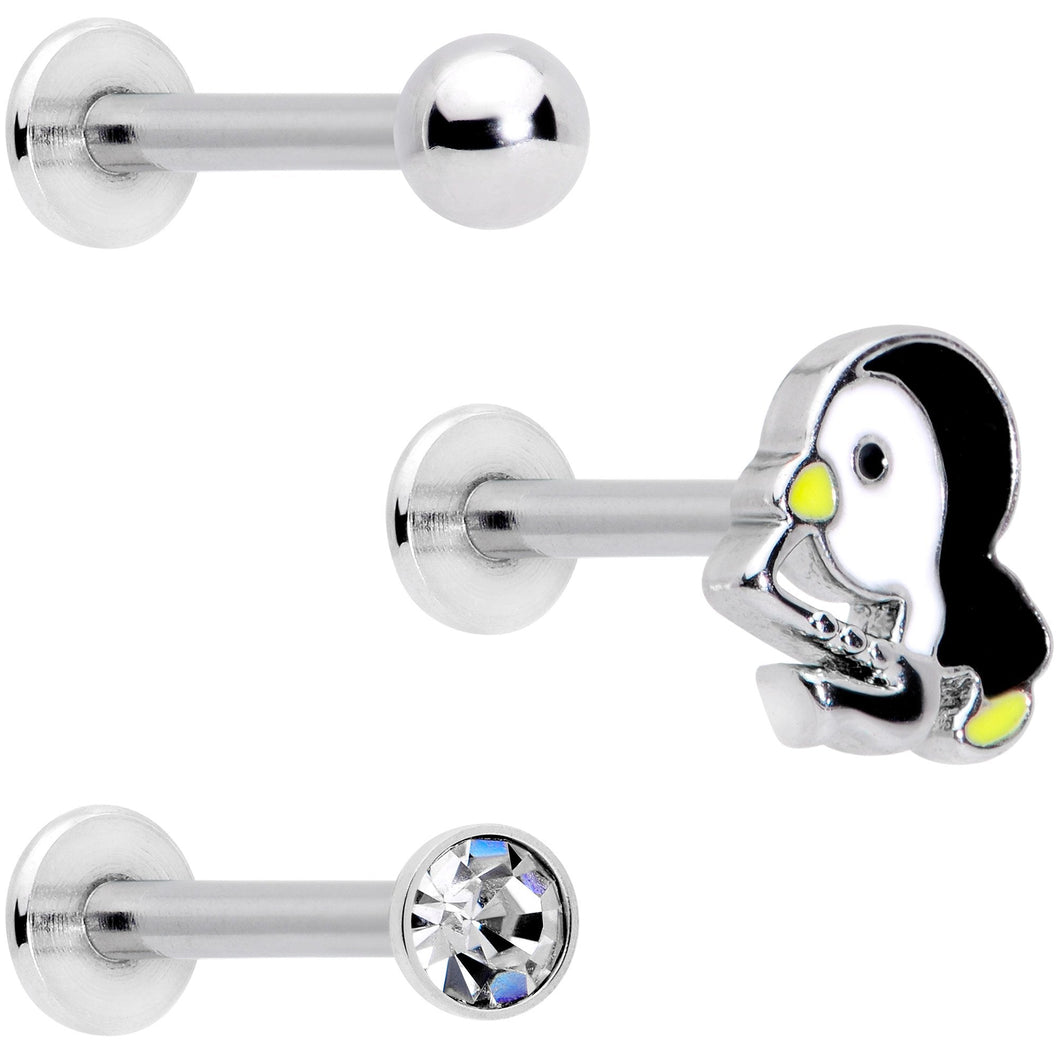 16G 5/16 Clear Gem Winter Penguin Labret Monroe Tragus Set of 3