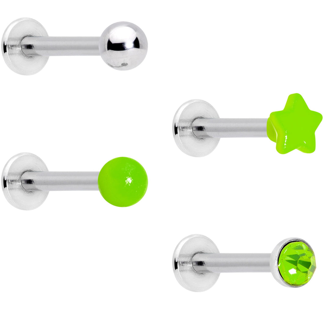 16G 3/8 Green Gem Star Glow Internally Threaded Labret Set of 4