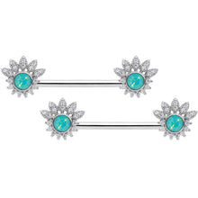 14G Clear CZ Gem Green Faux Opal Crest Barbell Nipple Ring Set
