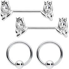 14G 7/16 1/2 Clear Gem Flowers BCR Barbell Nipple Ring Set of 4