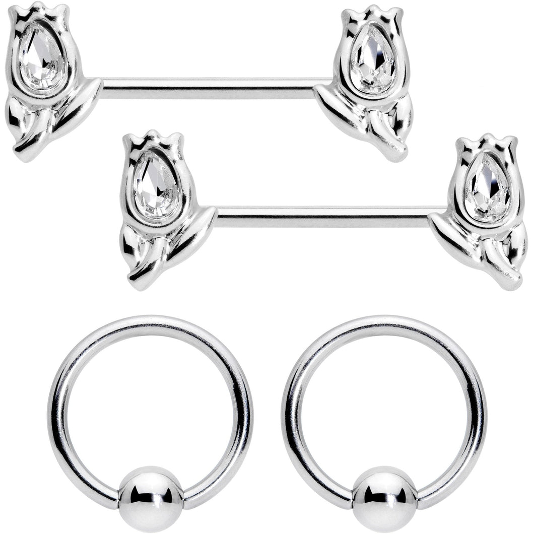 14G 7/16 1/2 Clear Gem Flowers BCR Barbell Nipple Ring Set of 4