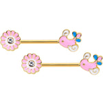 14G 9/16 Gold Tone Pink Bird Flower Barbell Nipple Ring Set