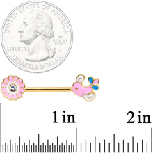 14G 9/16 Gold Tone Pink Bird Flower Barbell Nipple Ring Set