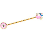 14G Clear Gem Gold Tone Pink Bird Flower Industrial Barbell 38mm