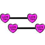 14G 5/8 Black Pink Heart Love You Barbell Nipple Ring Set