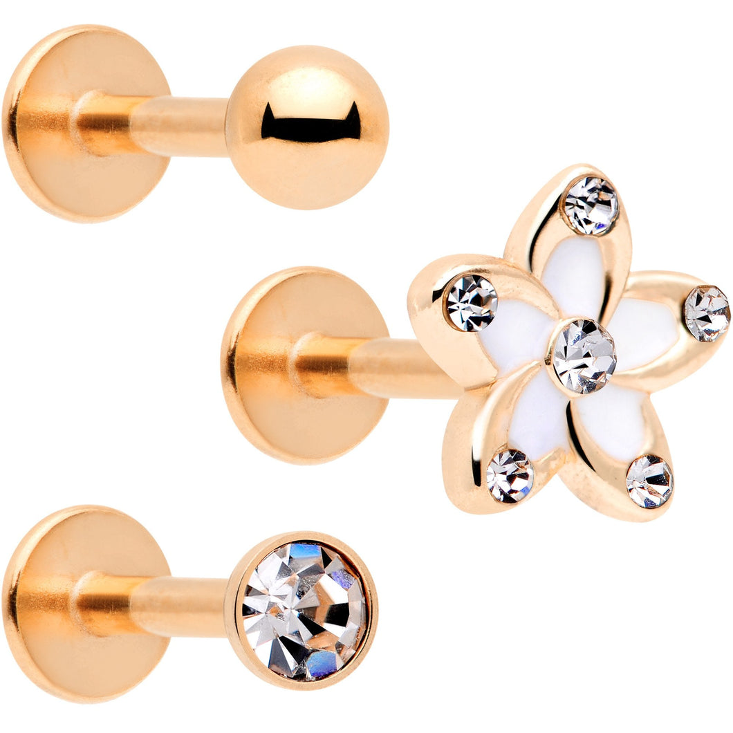 16G 5/16 Clear Gem Rose Gold Tone White Flower Labret Set of 3