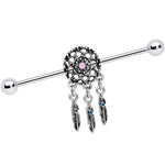 14G Pink Faux Opal Feather Dreamcatcher Dangle Industrial Barbell 38mm