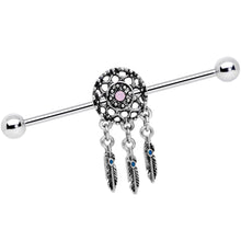14G Pink Faux Opal Feather Dreamcatcher Dangle Industrial Barbell 38mm
