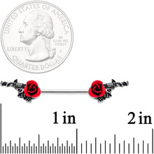 14G 9/16 Red Rose Flower and Gun Barbell Nipple Ring Set