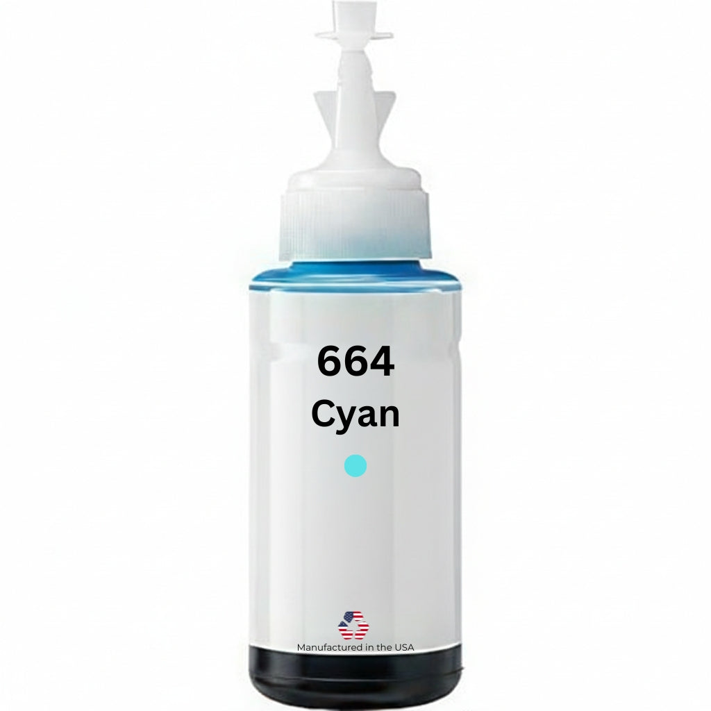 US Remanufactured for Epson 664 (T664220-S) 70ml Cyan High Yield Ink Bottle Made in the USA, T664220-S