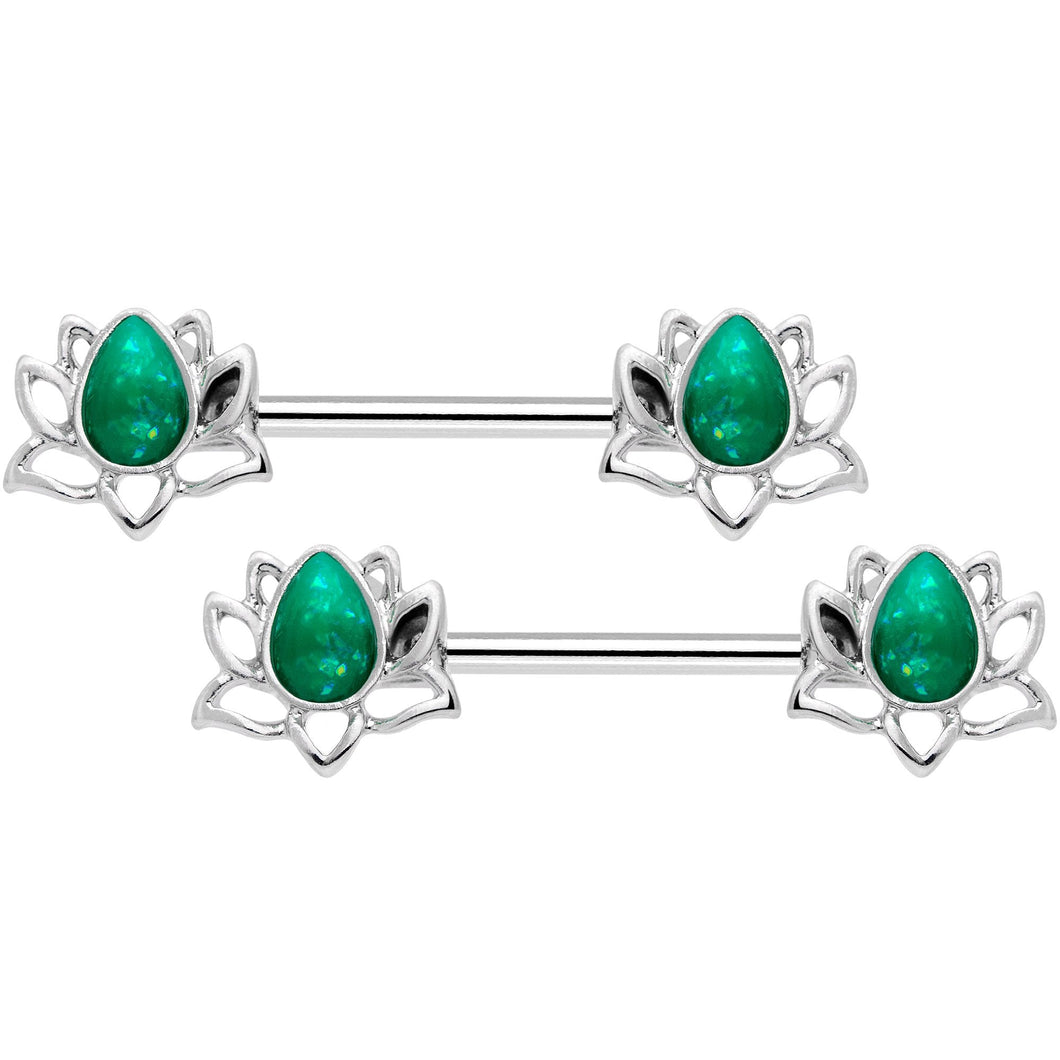 14G 9/16 Green Faux Opal Lotus Flower Barbell Nipple Ring Set