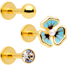 16G 5/16 Clear Gem Gold Tone Blue Pansy Labret Set of 3