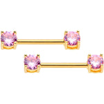 14G 9/16 Pink CZ Gem Gold Tone Barbell Nipple Ring Set