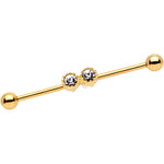 14G Clear Gem Gold Tone Double Drama Industrial Barbell 38mm