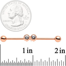 14G Clear Gem Rose Gold Tone Double Drama Industrial Barbell 38mm