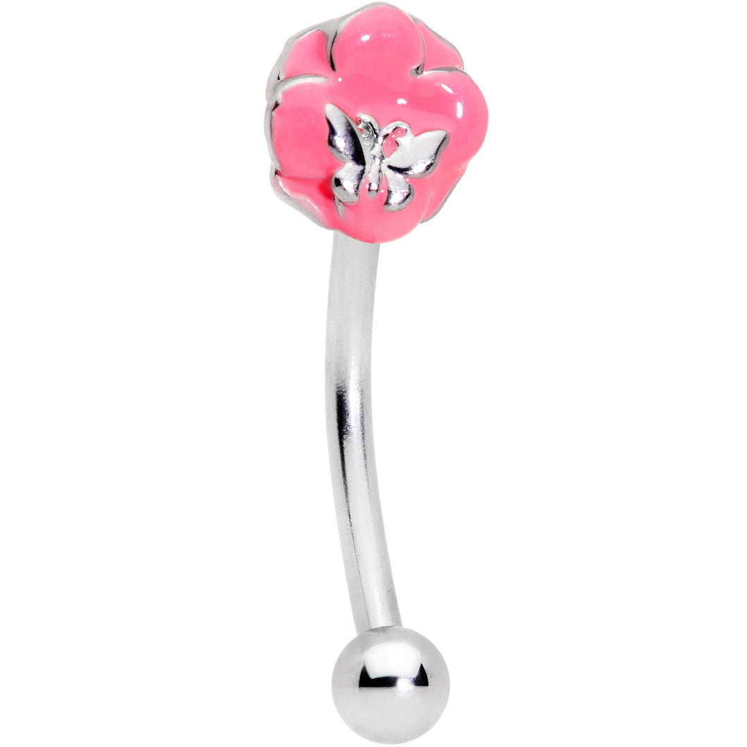 16G 3/8 Pink Flower Resting Butterfly Curved Eyebrow Ring
