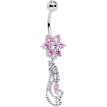 Clear Pink CZ Gem Floral Flourish Dangle Belly Ring
