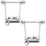14G 5/8 Black Gem Nap Cat Dangle Nipple Ring Set
