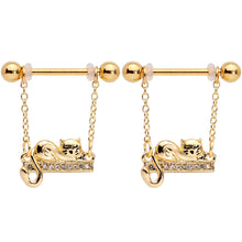 14G 5/8 Clear Gem Gold Tone Nap Cat Dangle Nipple Ring Set