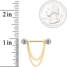 14G Clear Gem End Gold Tone Chain Dangle Nipple Ring Set