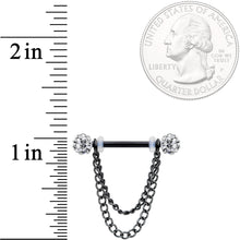 14G Clear Gem End Black Chain Dangle Nipple Ring Set