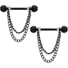 14G Black Gem End Black Chain Dangle Nipple Ring Set