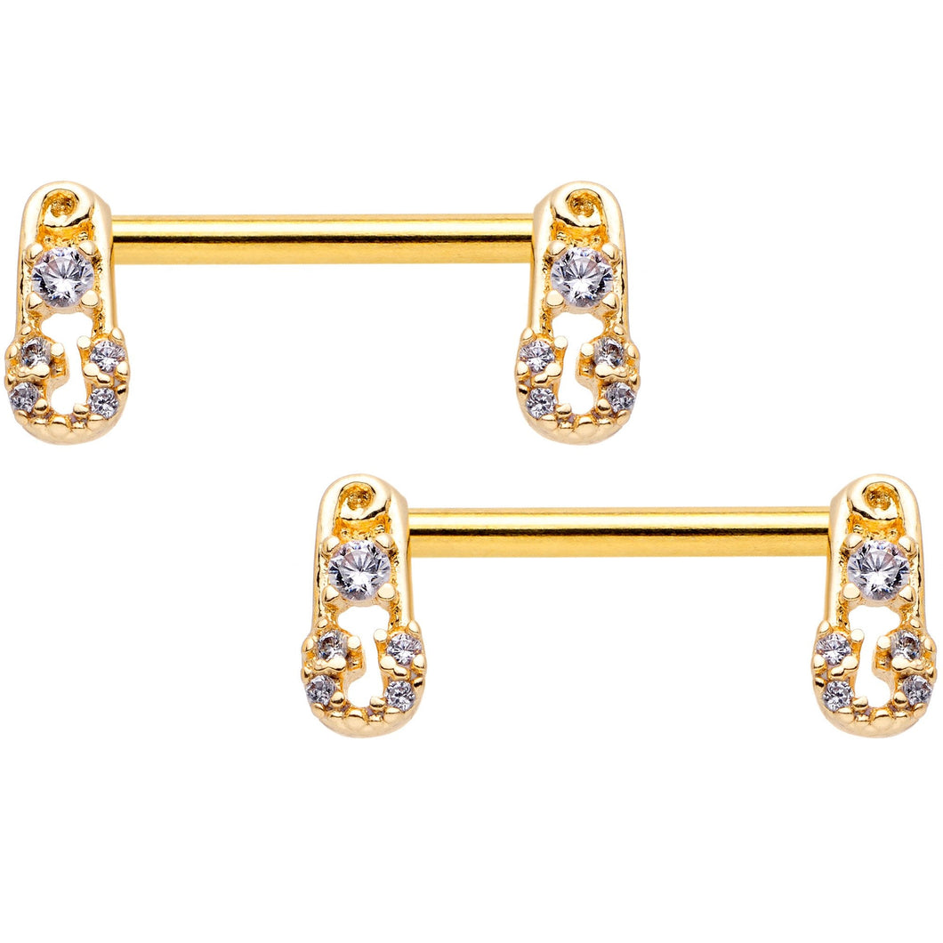 14G 9/16 Clear CZ Gem Gold Tone Safety Pin Nipple Ring Set