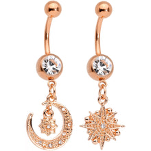 Clear Gem Rose Gold Tone Celestial Star Moon Dangle Belly Ring Set