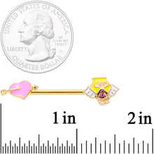 14G 9/16 Pink Gem Heart Cupid Gold Tone Barbell Nipple Ring Set