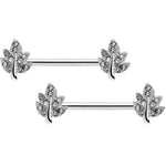 14G 9/16 Clear Gem Maple Leaf Barbell Nipple Ring Set