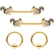 14G Clear Gem Gold Tone Squirrel BCR Barbell Nipple Ring Set of 4