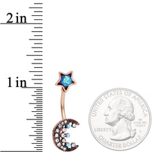 Aqua Faux Opal Rose Gold Tone Orb Crescent Moon Reversible Belly Ring