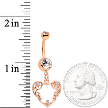 Clear CZ Gem Rose Gold Tone Scrollwork Heart Dangle Belly Ring