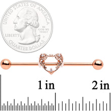 14G Clear CZ Gem Rose Gold Tone Scrollwork Heart Industrial Barbell