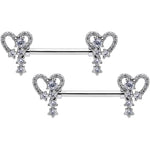 14G 9/16 Clear Gem Valentine Heart Barbell Nipple Ring Set