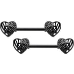 14G 9/16 Black Angels Wings Barbell Nipple Ring Set