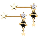 14G 9/16 Clear CZ Gem Gold Tone Saturn Barbell Nipple Ring Set