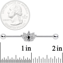 14G Clear Black Gem Crown Lotus Flower Industrial Barbell 38mm