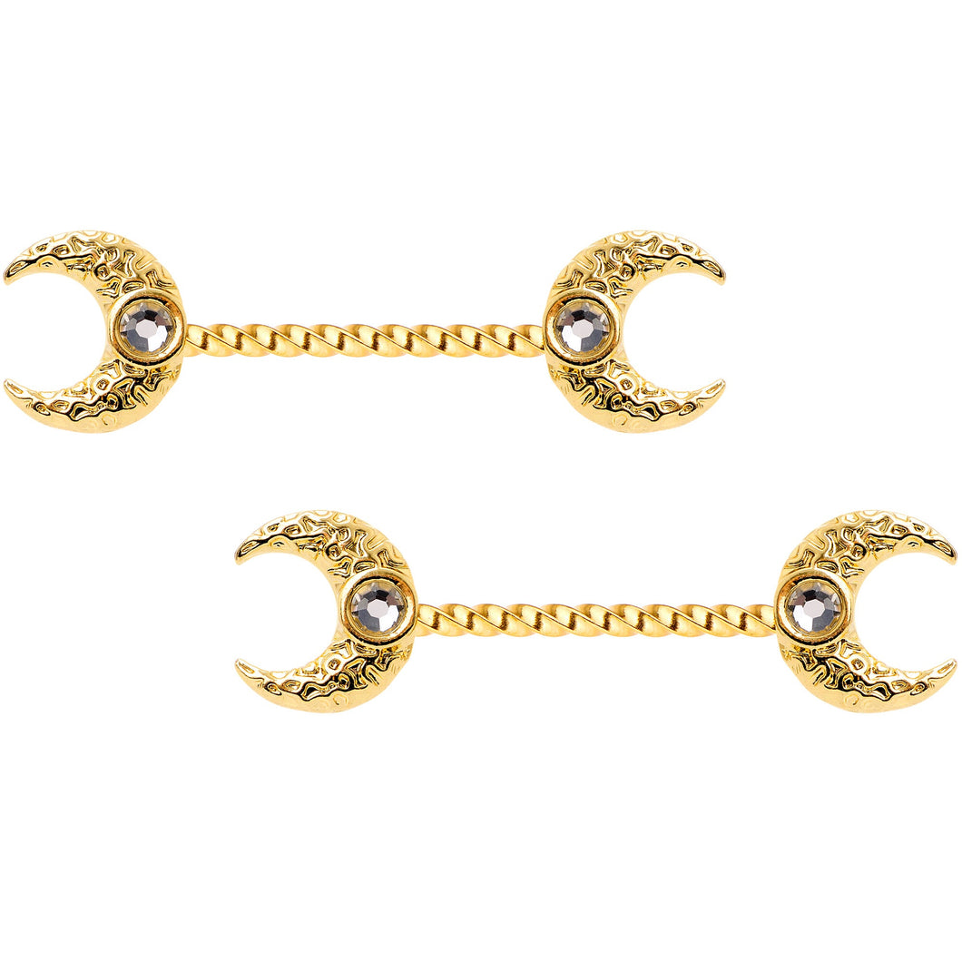 14G Clear Gem Gold Tone Witch Moon Barbell Nipple Ring Set