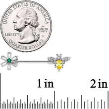 14G 9/16 Clear Yellow CZ Gem Bee Flower Barbell Nipple Ring Set