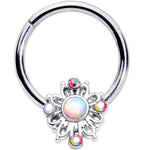 16G 3/8 White Synthetic Opal Aurora Gem Crest Hinged Segment Ring
