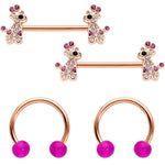 Clear Purple Gem Rose Gold Tone Giraffe UV Horseshoe Nipple Ring Set
