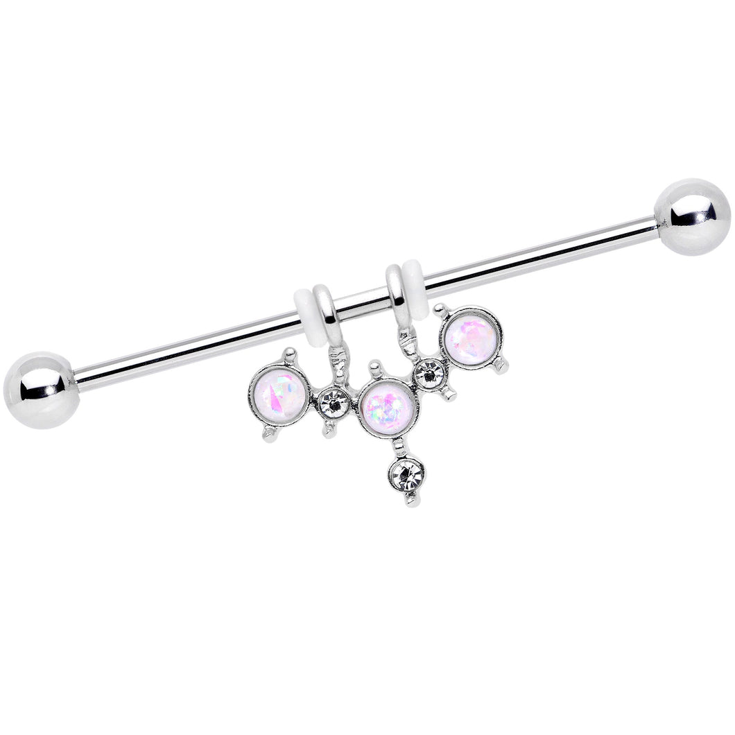14G White Faux Opal Triad Dangle Industrial Barbell 38mm
