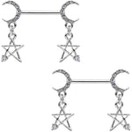 14G 9/16 Clear Gem Moon Star Dangle Barbell Nipple Ring Set